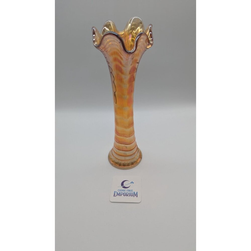 Vintage Carnival Glass Vase With Ruffled Rim 10" Tall Iridescent Marigold